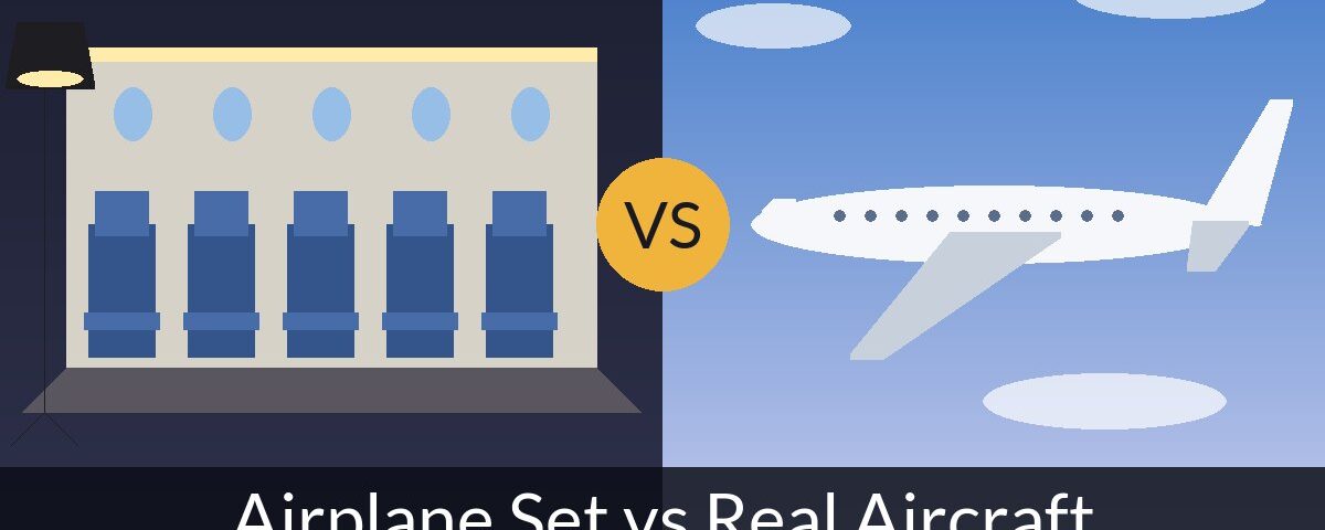 Illustrated airplane cabin film set with light stand beside a generic jet in the sky – Airplane Set vs Real Aircraft, Air Hollywood