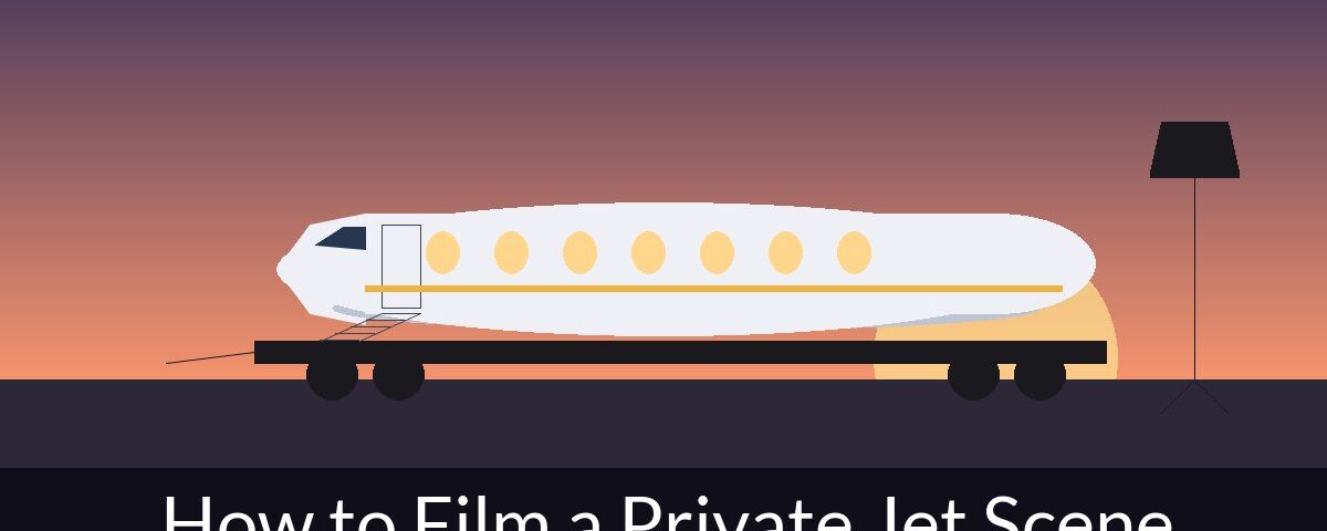 Illustrated private jet film set on a trailer with airstair and light stand at sunset – How to Film a Private Jet Scene, Air Hollywood