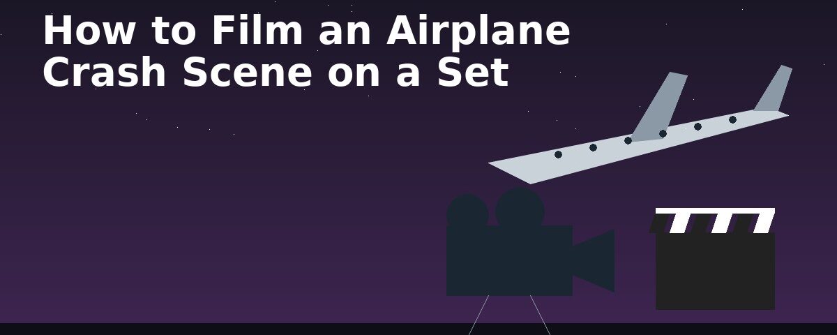 Illustration of a film camera, clapperboard and a descending airplane – how to film a plane crash scene