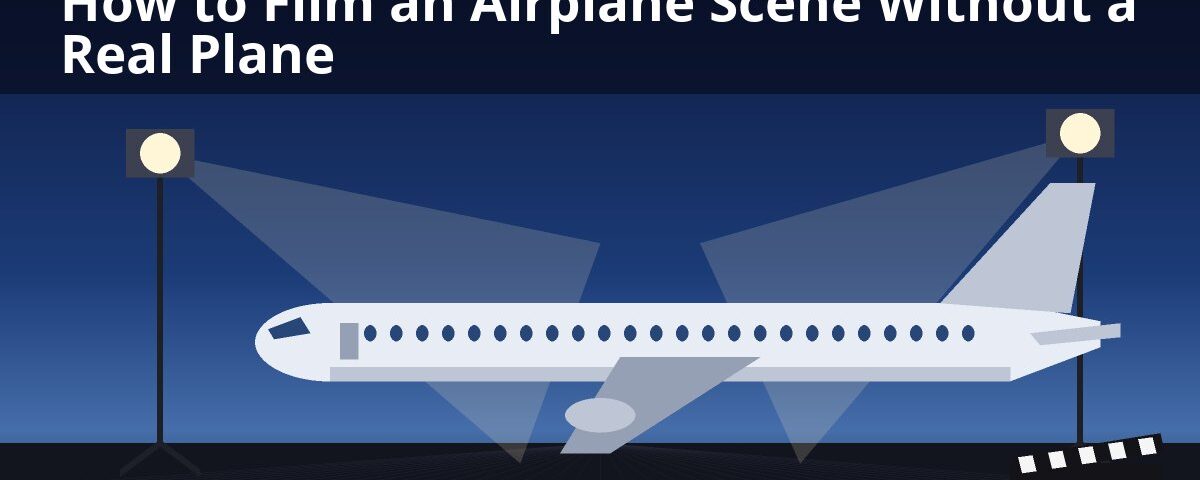 Illustration of an airplane mockup film set under studio lights – how to film an airplane scene without a real plane