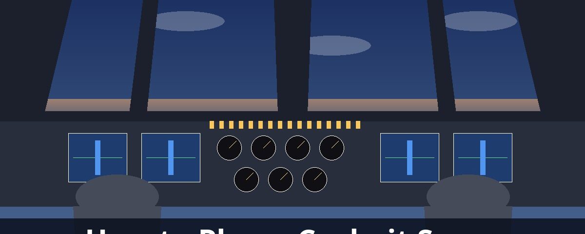 Illustration of an airliner cockpit with instrument panel and windscreen for a film set guide – Air Hollywood