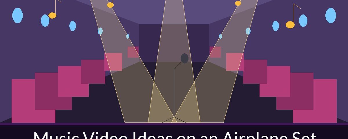 Illustrated airplane cabin set with stage lights, microphone stand in the aisle and music notes – Music Video Ideas on an Airplane Set, Air Hollywood