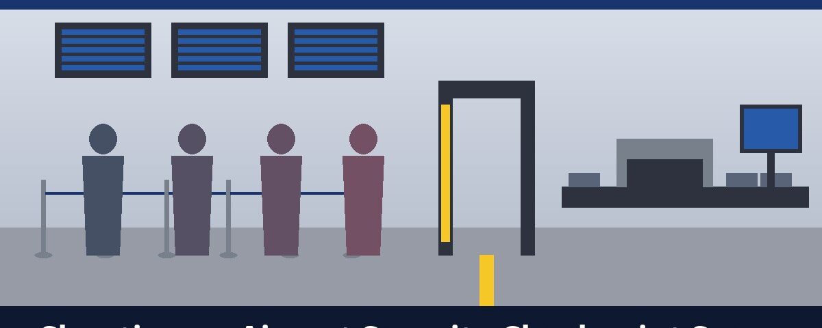 Illustration of an airport security checkpoint set with queue, walk-through frame and screening belt – Air Hollywood