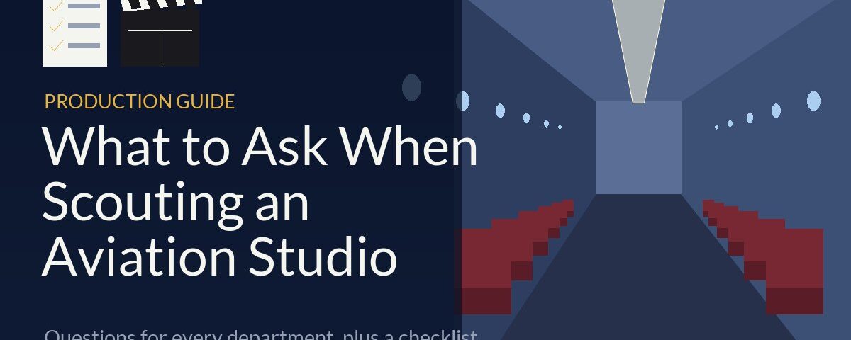 Illustrated airplane cabin film set with checklist and film slate – What to Ask When Scouting an Aviation Studio, Air Hollywood